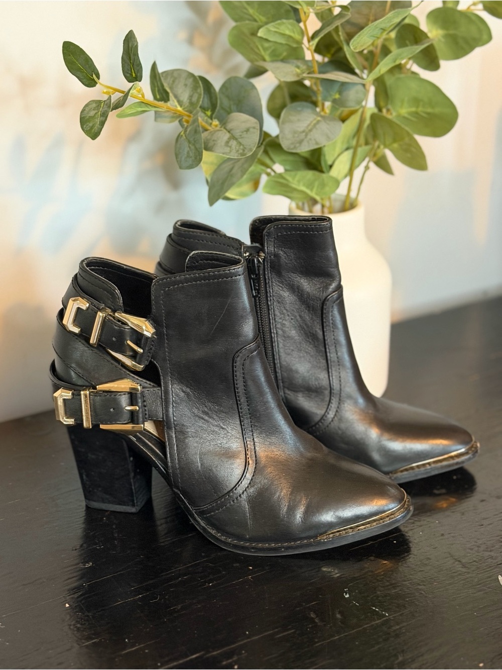 Gianni Bini Black Leather Ankle Booties with Gold Buckles